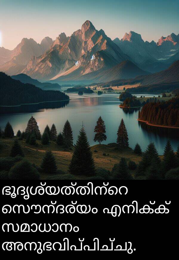 സൌന്ദര്യം: ഭൂദൃശ്യത്തിന്റെ സൌന്ദര്യം എനിക്ക് സമാധാനം അനുഭവിപ്പിച്ചു.