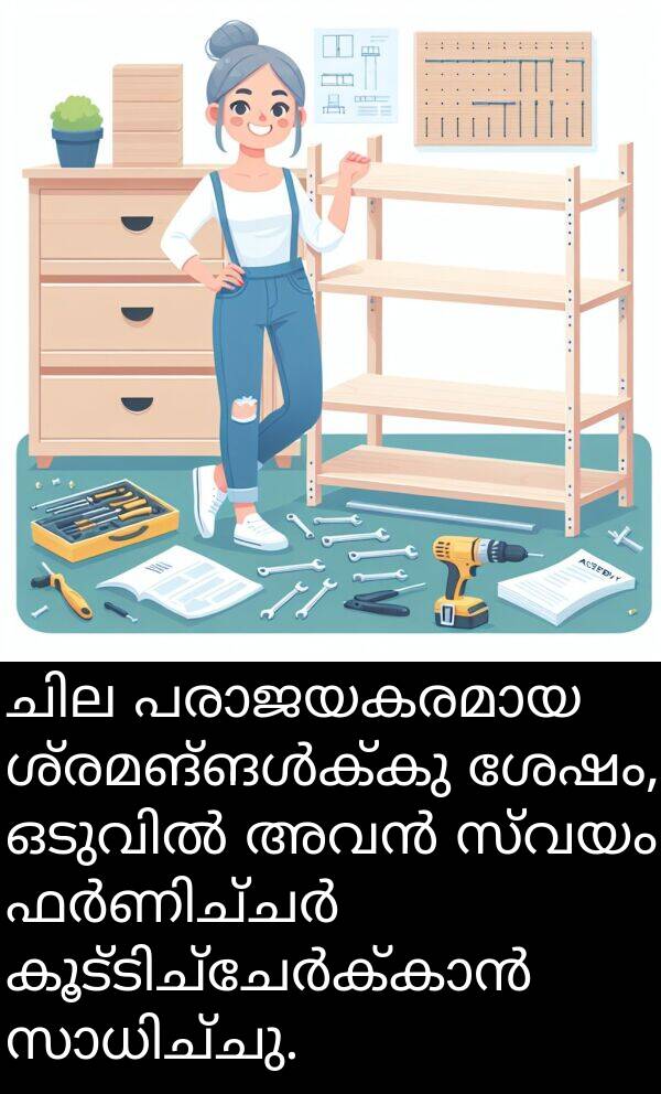 സ്വയം: ചില പരാജയകരമായ ശ്രമങ്ങൾക്കു ശേഷം, ഒടുവിൽ അവൻ സ്വയം ഫർണിച്ചർ കൂട്ടിച്ചേർക്കാൻ സാധിച്ചു.