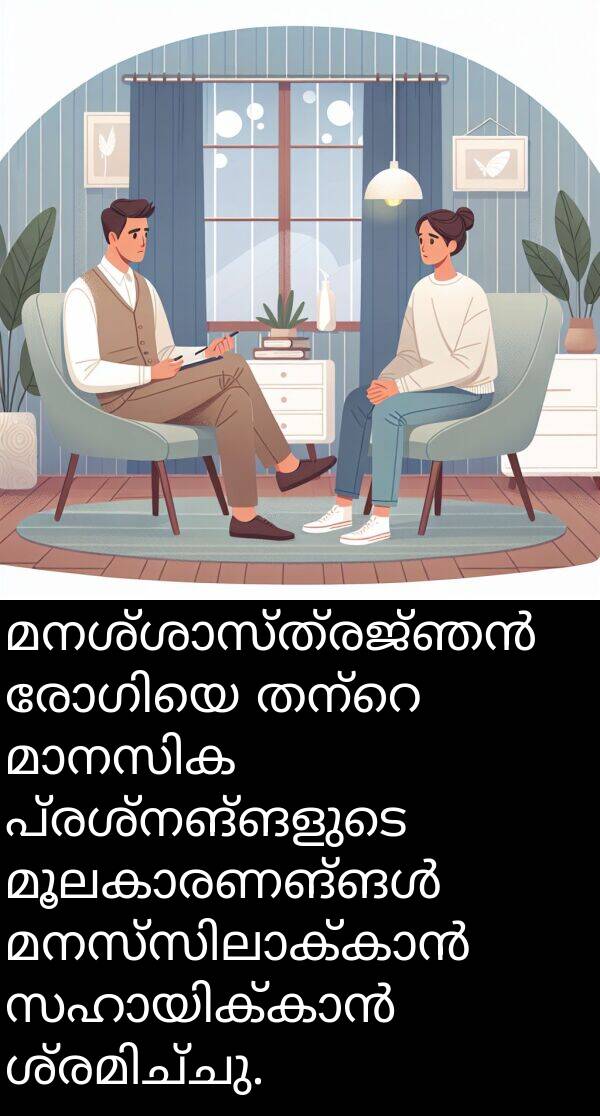 പ്രശ്നങ്ങളുടെ: മനശ്ശാസ്ത്രജ്ഞൻ രോഗിയെ തന്റെ മാനസിക പ്രശ്നങ്ങളുടെ മൂലകാരണങ്ങൾ മനസ്സിലാക്കാൻ സഹായിക്കാൻ ശ്രമിച്ചു.