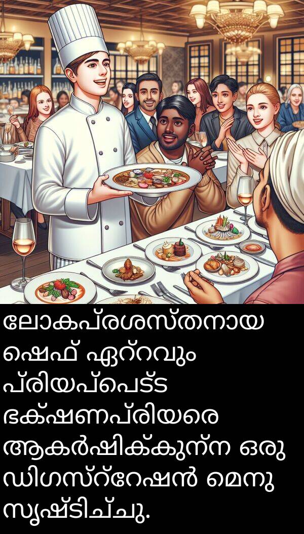 മെനു: ലോകപ്രശസ്തനായ ഷെഫ് ഏറ്റവും പ്രിയപ്പെട്ട ഭക്ഷണപ്രിയരെ ആകർഷിക്കുന്ന ഒരു ഡിഗസ്റ്റേഷൻ മെനു സൃഷ്ടിച്ചു.