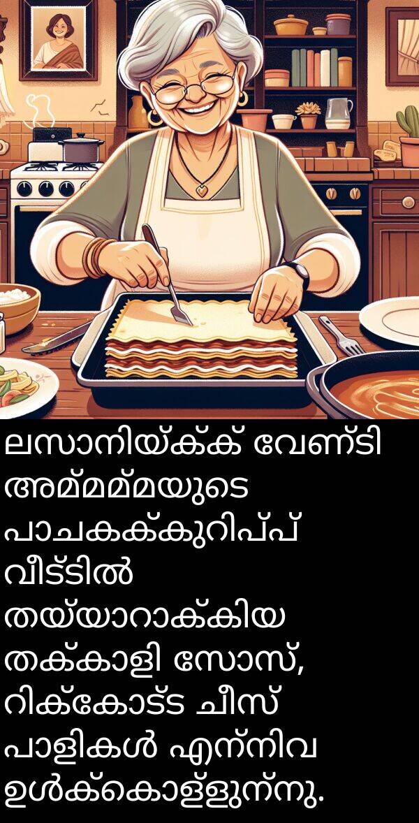 ചീസ്: ലസാനിയ്ക്ക് വേണ്ടി അമ്മമ്മയുടെ പാചകക്കുറിപ്പ് വീട്ടിൽ തയ്യാറാക്കിയ തക്കാളി സോസ്, റിക്കോട്ട ചീസ് പാളികൾ എന്നിവ ഉൾക്കൊള്ളുന്നു.