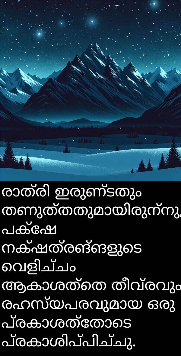 നക്ഷത്രങ്ങളുടെ: രാത്രി ഇരുണ്ടതും തണുത്തതുമായിരുന്നു, പക്ഷേ നക്ഷത്രങ്ങളുടെ വെളിച്ചം ആകാശത്തെ തീവ്രവും രഹസ്യപരവുമായ ഒരു പ്രകാശത്തോടെ പ്രകാശിപ്പിച്ചു.