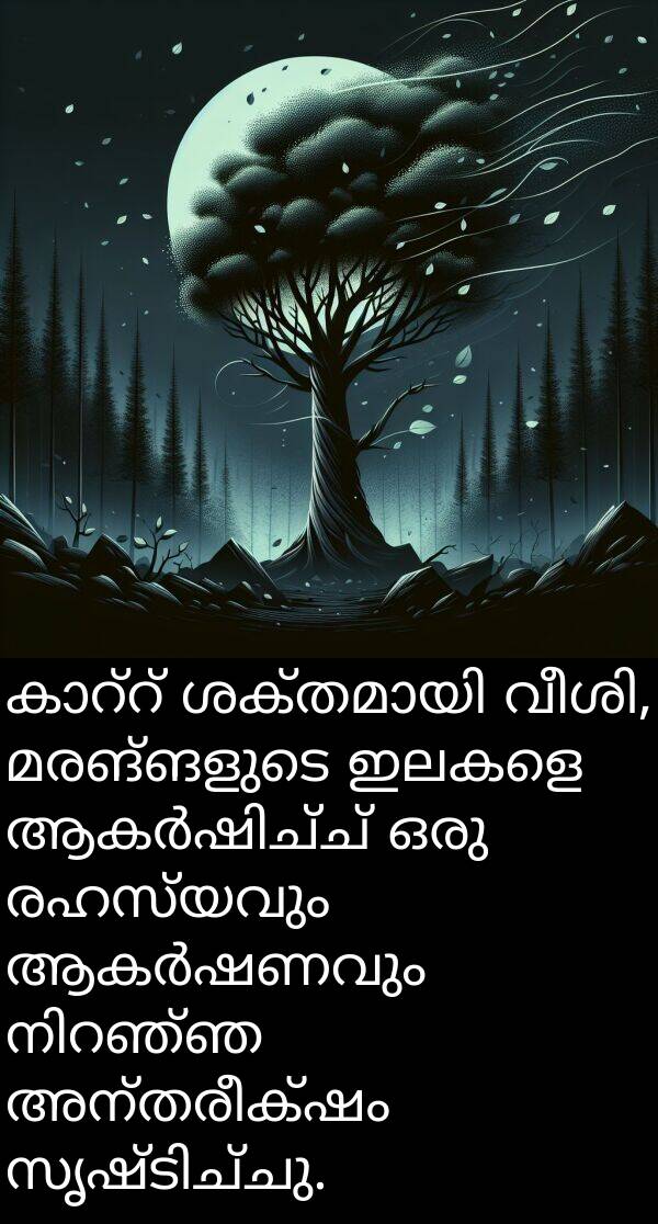 രഹസ്യവും: കാറ്റ് ശക്തമായി വീശി, മരങ്ങളുടെ ഇലകളെ ആകർഷിച്ച് ഒരു രഹസ്യവും ആകർഷണവും നിറഞ്ഞ അന്തരീക്ഷം സൃഷ്ടിച്ചു.