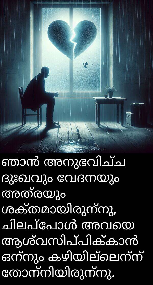 വേദനയും: ഞാൻ അനുഭവിച്ച ദുഃഖവും വേദനയും അത്രയും ശക്തമായിരുന്നു, ചിലപ്പോൾ അവയെ ആശ്വസിപ്പിക്കാൻ ഒന്നും കഴിയില്ലെന്ന് തോന്നിയിരുന്നു.