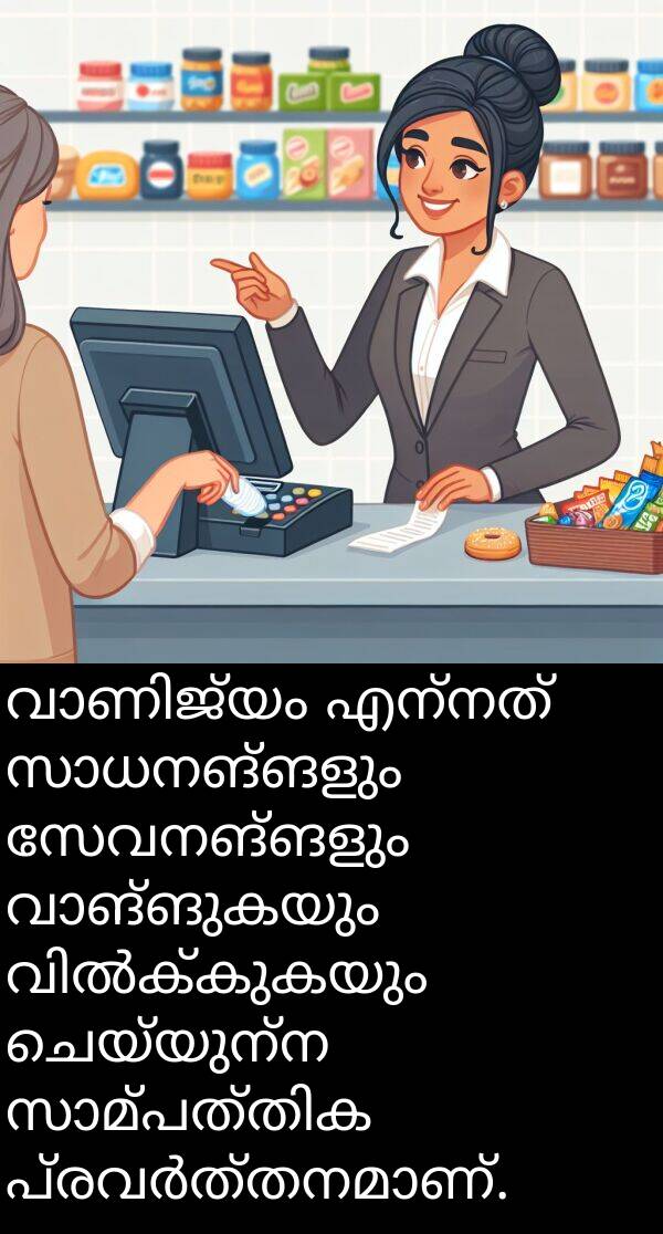 ചെയ്യുന്ന: വാണിജ്യം എന്നത് സാധനങ്ങളും സേവനങ്ങളും വാങ്ങുകയും വിൽക്കുകയും ചെയ്യുന്ന സാമ്പത്തിക പ്രവർത്തനമാണ്.