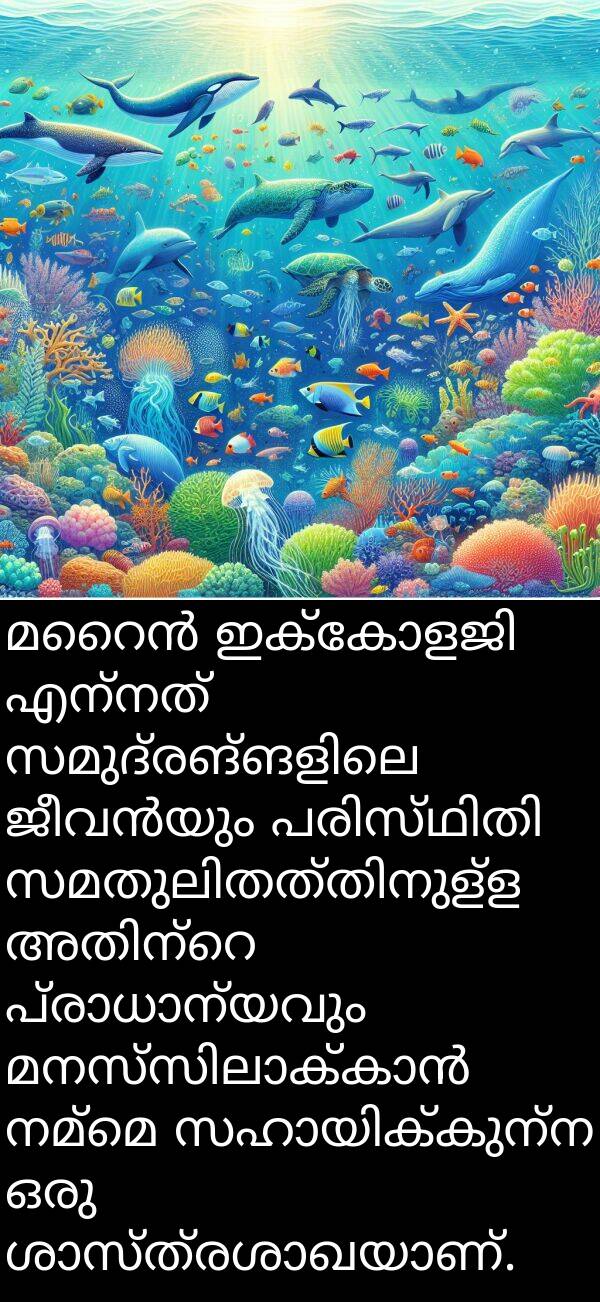 നമ്മെ: മറൈൻ ഇക്കോളജി എന്നത് സമുദ്രങ്ങളിലെ ജീവൻയും പരിസ്ഥിതി സമതുലിതത്തിനുള്ള അതിന്റെ പ്രാധാന്യവും മനസ്സിലാക്കാൻ നമ്മെ സഹായിക്കുന്ന ഒരു ശാസ്ത്രശാഖയാണ്.