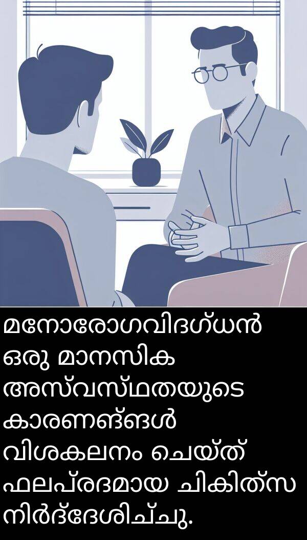 അസ്വസ്ഥതയുടെ: മനോരോഗവിദഗ്ധൻ ഒരു മാനസിക അസ്വസ്ഥതയുടെ കാരണങ്ങൾ വിശകലനം ചെയ്ത് ഫലപ്രദമായ ചികിത്സ നിർദ്ദേശിച്ചു.