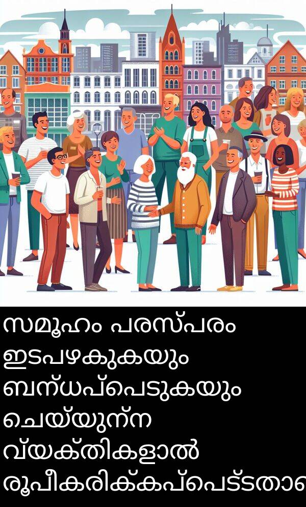 ചെയ്യുന്ന: സമൂഹം പരസ്പരം ഇടപഴകുകയും ബന്ധപ്പെടുകയും ചെയ്യുന്ന വ്യക്തികളാൽ രൂപീകരിക്കപ്പെട്ടതാണ്.
