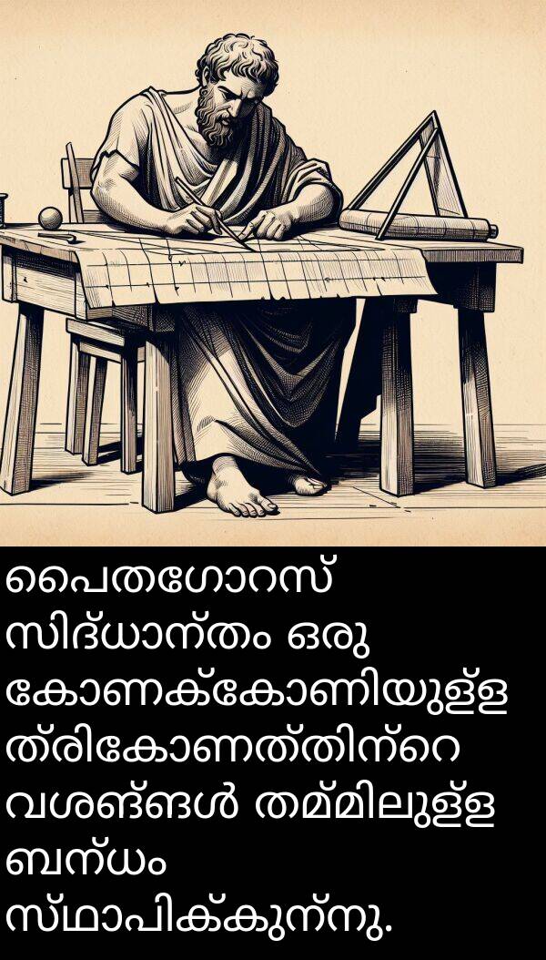 ബന്ധം: പൈതഗോറസ് സിദ്ധാന്തം ഒരു കോണക്കോണിയുള്ള ത്രികോണത്തിന്റെ വശങ്ങൾ തമ്മിലുള്ള ബന്ധം സ്ഥാപിക്കുന്നു.