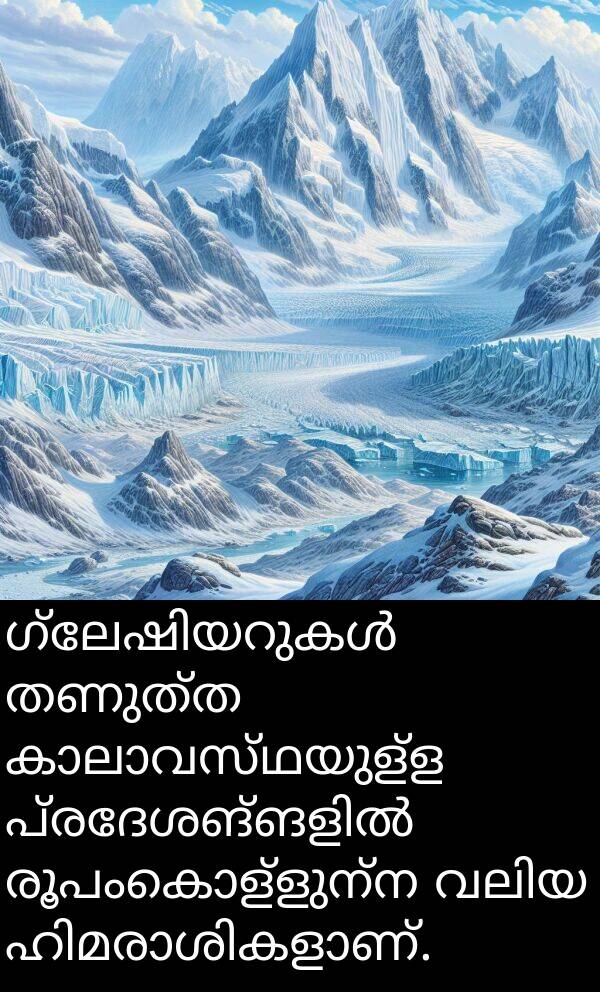 രൂപംകൊള്ളുന്ന: ഗ്ലേഷിയറുകൾ തണുത്ത കാലാവസ്ഥയുള്ള പ്രദേശങ്ങളിൽ രൂപംകൊള്ളുന്ന വലിയ ഹിമരാശികളാണ്.