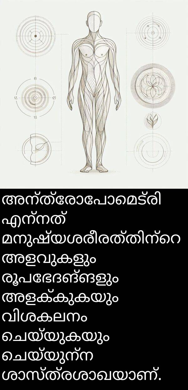 രൂപഭേദങ്ങളും: അന്ത്രോപോമെട്രി എന്നത് മനുഷ്യശരീരത്തിന്റെ അളവുകളും രൂപഭേദങ്ങളും അളക്കുകയും വിശകലനം ചെയ്യുകയും ചെയ്യുന്ന ശാസ്ത്രശാഖയാണ്.