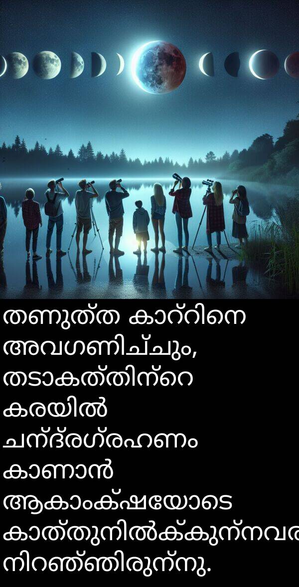 ചന്ദ്രഗ്രഹണം: തണുത്ത കാറ്റിനെ അവഗണിച്ചും, തടാകത്തിന്റെ കരയിൽ ചന്ദ്രഗ്രഹണം കാണാൻ ആകാംക്ഷയോടെ കാത്തുനിൽക്കുന്നവരാൽ നിറഞ്ഞിരുന്നു.
