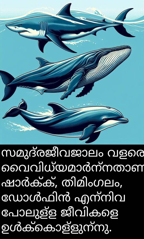 പോലുള്ള: സമുദ്രജീവജാലം വളരെ വൈവിധ്യമാർന്നതാണ്, ഷാർക്ക്, തിമിംഗലം, ഡോൾഫിൻ എന്നിവ പോലുള്ള ജീവികളെ ഉൾക്കൊള്ളുന്നു.