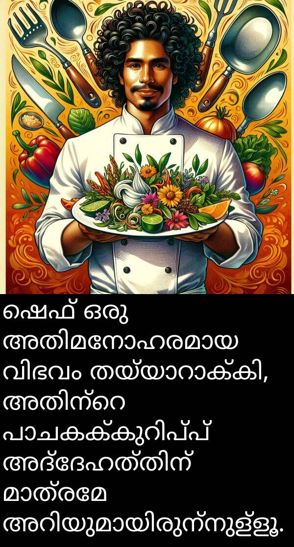 ഷെഫ്: ഷെഫ് ഒരു അതിമനോഹരമായ വിഭവം തയ്യാറാക്കി, അതിന്റെ പാചകക്കുറിപ്പ് അദ്ദേഹത്തിന് മാത്രമേ അറിയുമായിരുന്നുള്ളൂ.