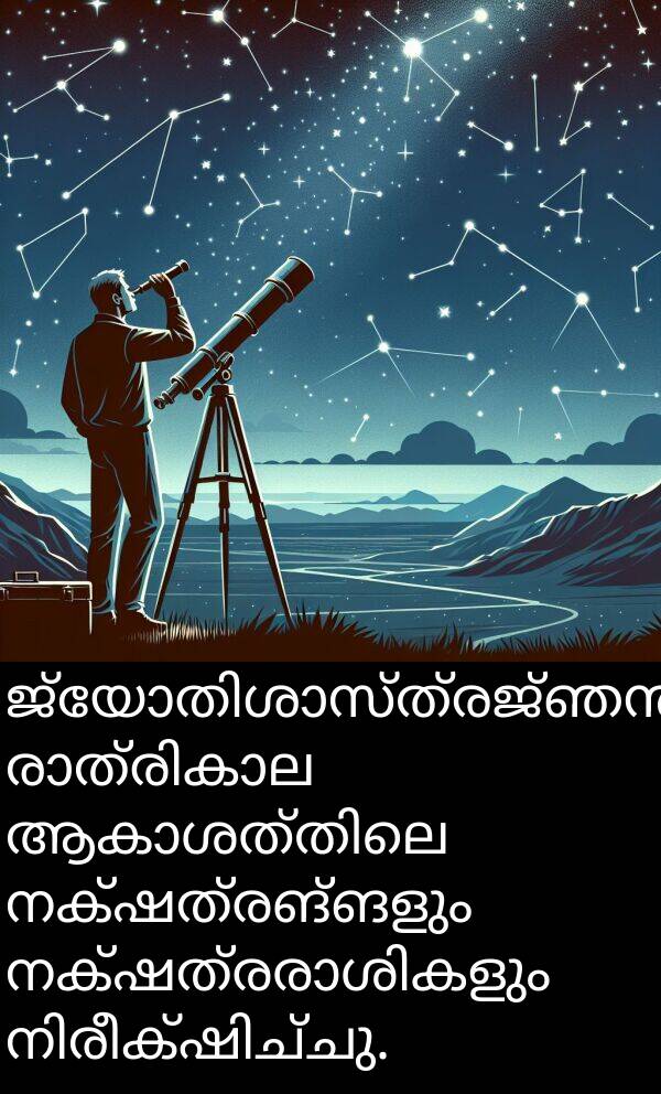 നക്ഷത്രങ്ങളും: ജ്യോതിശാസ്ത്രജ്ഞൻ രാത്രികാല ആകാശത്തിലെ നക്ഷത്രങ്ങളും നക്ഷത്രരാശികളും നിരീക്ഷിച്ചു.
