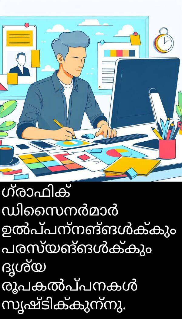 ദൃശ്യ: ഗ്രാഫിക് ഡിസൈനർമാർ ഉൽപ്പന്നങ്ങൾക്കും പരസ്യങ്ങൾക്കും ദൃശ്യ രൂപകൽപ്പനകൾ സൃഷ്ടിക്കുന്നു.