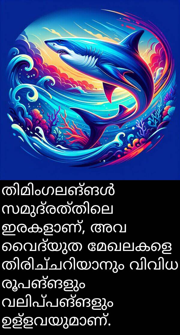 രൂപങ്ങളും: തിമിംഗലങ്ങൾ സമുദ്രത്തിലെ ഇരകളാണ്, അവ വൈദ്യുത മേഖലകളെ തിരിച്ചറിയാനും വിവിധ രൂപങ്ങളും വലിപ്പങ്ങളും ഉള്ളവയുമാണ്.