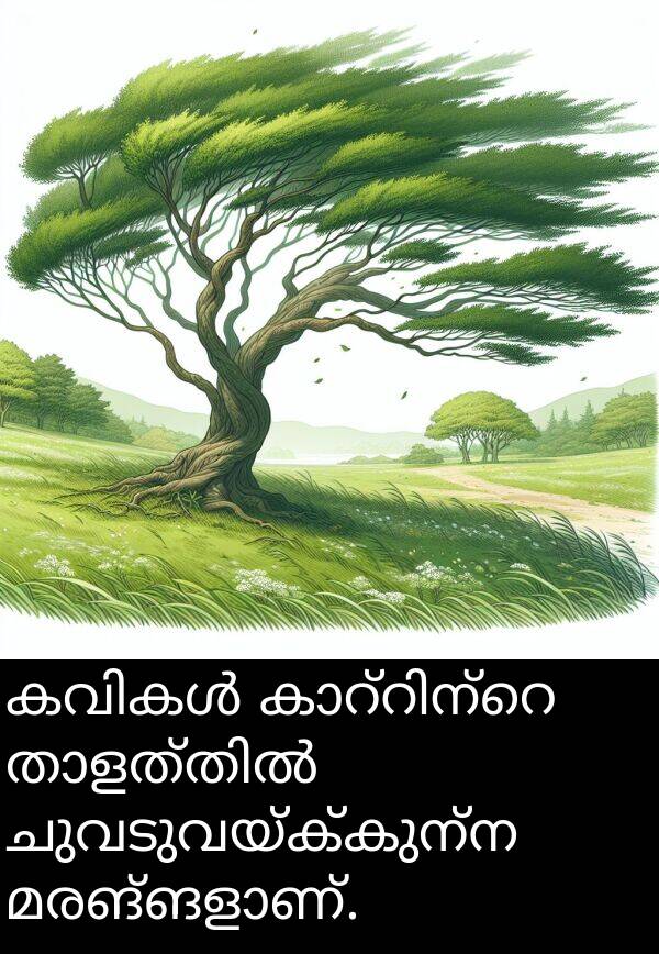 ചുവടുവയ്ക്കുന്ന: കവികൾ കാറ്റിന്റെ താളത്തിൽ ചുവടുവയ്ക്കുന്ന മരങ്ങളാണ്.