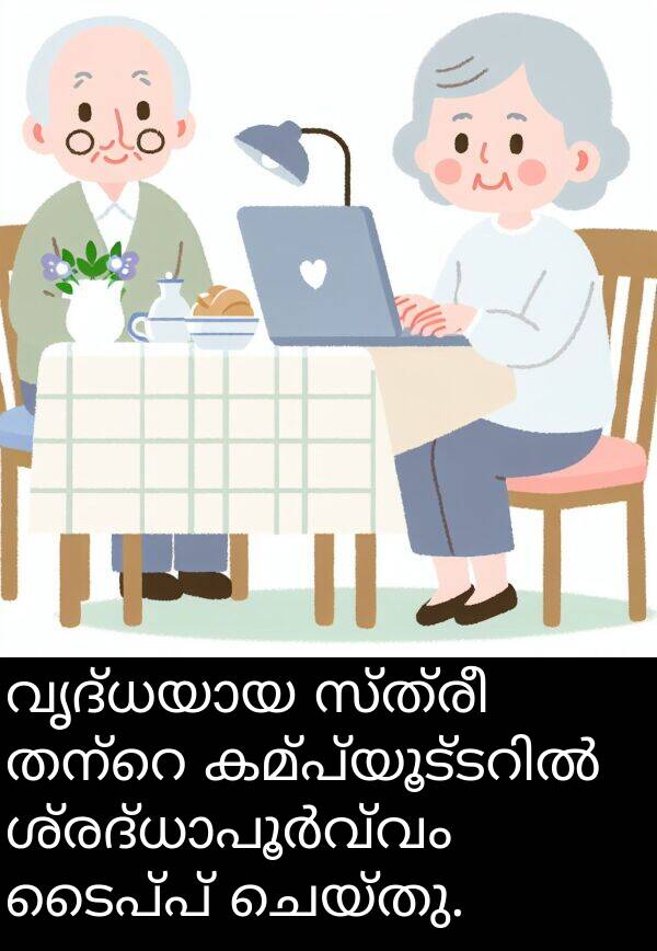ചെയ്തു: വൃദ്ധയായ സ്ത്രീ തന്റെ കമ്പ്യൂട്ടറിൽ ശ്രദ്ധാപൂർവ്വം ടൈപ്പ് ചെയ്തു.