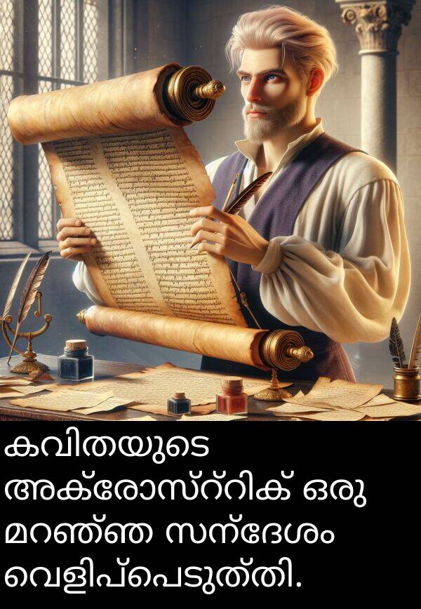 സന്ദേശം: കവിതയുടെ അക്രോസ്റ്റിക് ഒരു മറഞ്ഞ സന്ദേശം വെളിപ്പെടുത്തി.