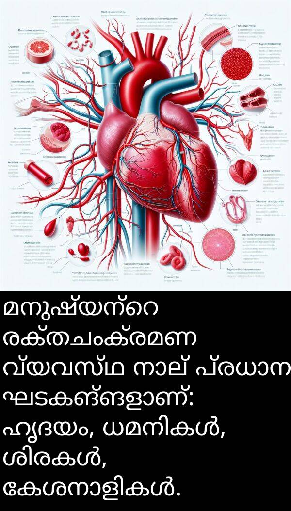 രക്തചംക്രമണ: മനുഷ്യന്റെ രക്തചംക്രമണ വ്യവസ്ഥ നാല് പ്രധാന ഘടകങ്ങളാണ്: ഹൃദയം, ധമനികൾ, ശിരകൾ, കേശനാളികൾ.
