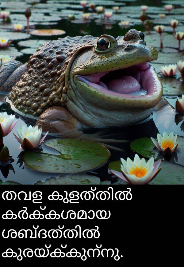 തവള: തവള കുളത്തിൽ കർക്കശമായ ശബ്ദത്തിൽ കുരയ്ക്കുന്നു.