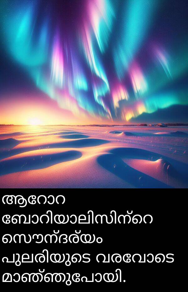 സൌന്ദര്യം: ആറോറ ബോറിയാലിസിന്റെ സൌന്ദര്യം പുലരിയുടെ വരവോടെ മാഞ്ഞുപോയി.