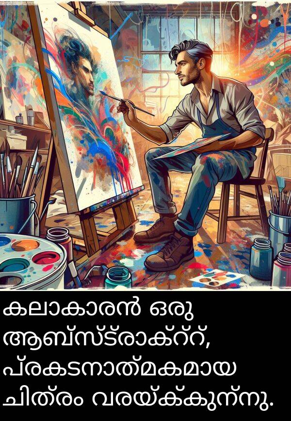 വരയ്ക്കുന്നു: കലാകാരൻ ഒരു ആബ്സ്ട്രാക്റ്റ്, പ്രകടനാത്മകമായ ചിത്രം വരയ്ക്കുന്നു.