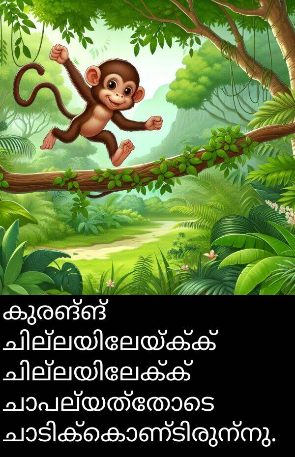 കുരങ്ങ്: കുരങ്ങ് ചില്ലയിലേയ്ക്ക് ചില്ലയിലേക്ക് ചാപല്യത്തോടെ ചാടിക്കൊണ്ടിരുന്നു.
