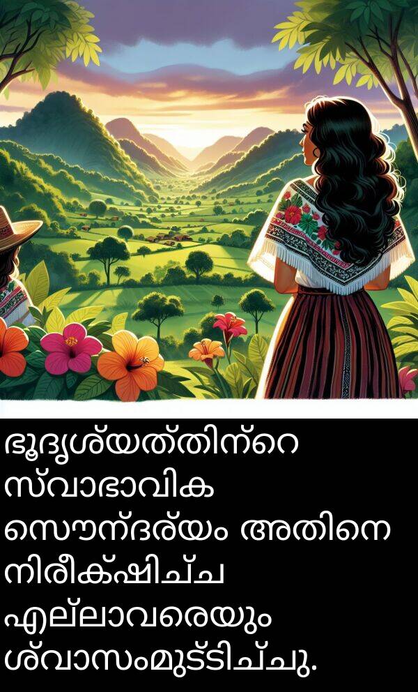 സൌന്ദര്യം: ഭൂദൃശ്യത്തിന്റെ സ്വാഭാവിക സൌന്ദര്യം അതിനെ നിരീക്ഷിച്ച എല്ലാവരെയും ശ്വാസംമുട്ടിച്ചു.