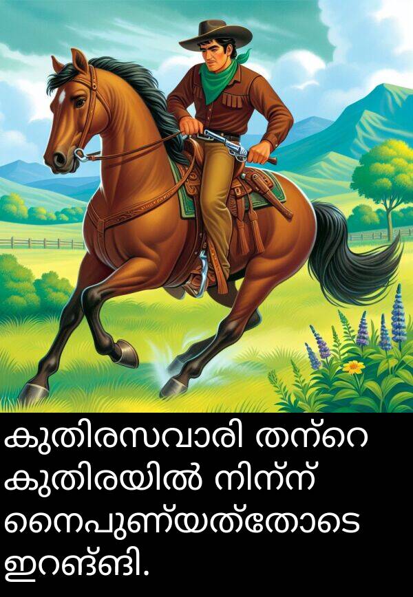 നൈപുണ്യത്തോടെ: കുതിരസവാരി തന്റെ കുതിരയിൽ നിന്ന് നൈപുണ്യത്തോടെ ഇറങ്ങി.