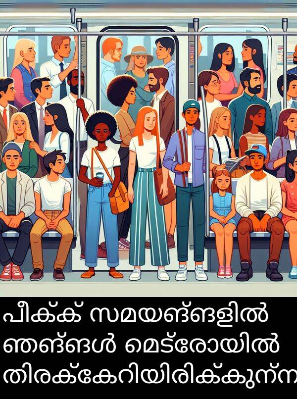 പീക്ക്: പീക്ക് സമയങ്ങളിൽ ഞങ്ങൾ മെട്രോയിൽ തിരക്കേറിയിരിക്കുന്നു.