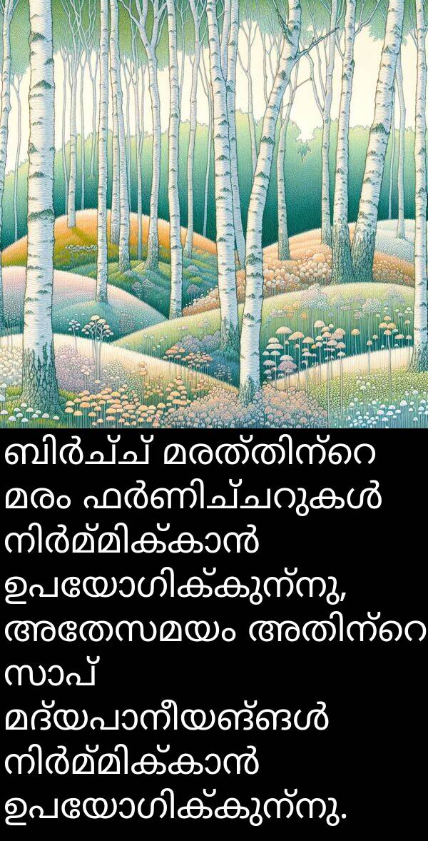 അതേസമയം: ബിർച്ച് മരത്തിന്റെ മരം ഫർണിച്ചറുകൾ നിർമ്മിക്കാൻ ഉപയോഗിക്കുന്നു, അതേസമയം അതിന്റെ സാപ് മദ്യപാനീയങ്ങൾ നിർമ്മിക്കാൻ ഉപയോഗിക്കുന്നു.