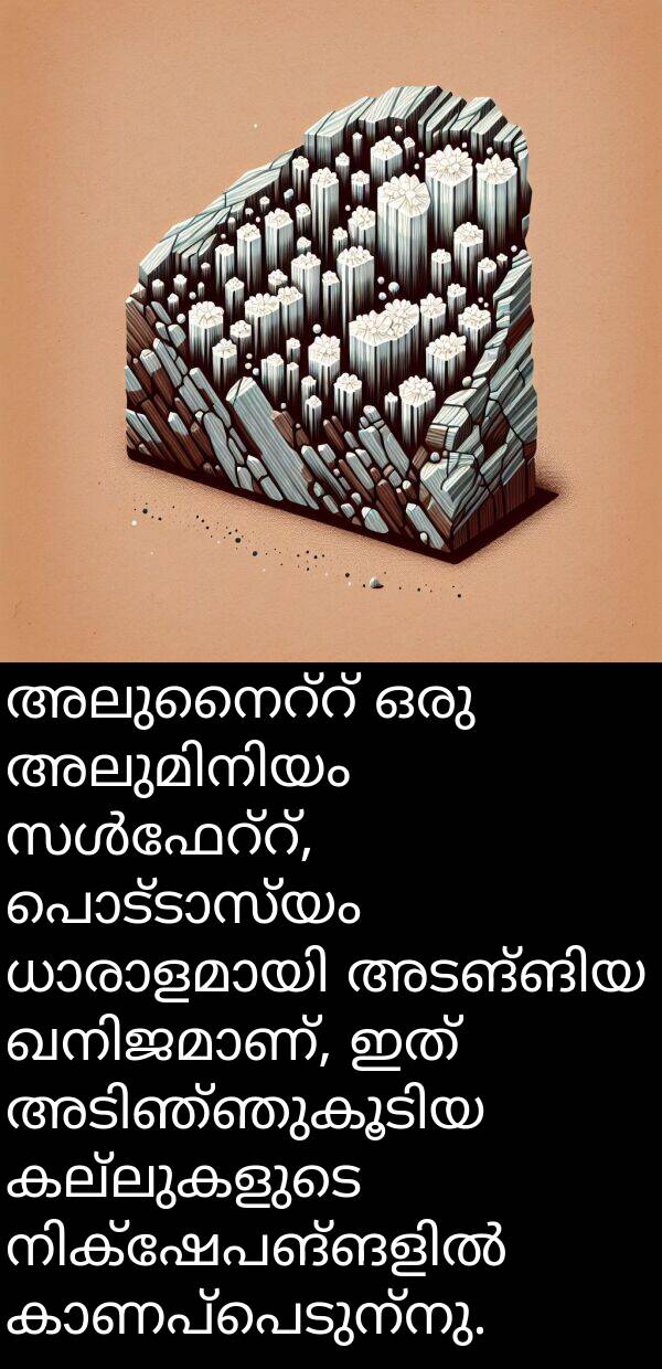 കല്ലുകളുടെ: അലുനൈറ്റ് ഒരു അലുമിനിയം സൾഫേറ്റ്, പൊട്ടാസ്യം ധാരാളമായി അടങ്ങിയ ഖനിജമാണ്, ഇത് അടിഞ്ഞുകൂടിയ കല്ലുകളുടെ നിക്ഷേപങ്ങളിൽ കാണപ്പെടുന്നു.