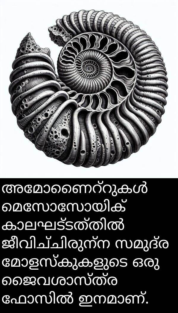 സമുദ്ര: അമോണൈറ്റുകൾ മെസോസോയിക് കാലഘട്ടത്തിൽ ജീവിച്ചിരുന്ന സമുദ്ര മോളസ്കുകളുടെ ഒരു ജൈവശാസ്ത്ര ഫോസിൽ ഇനമാണ്.