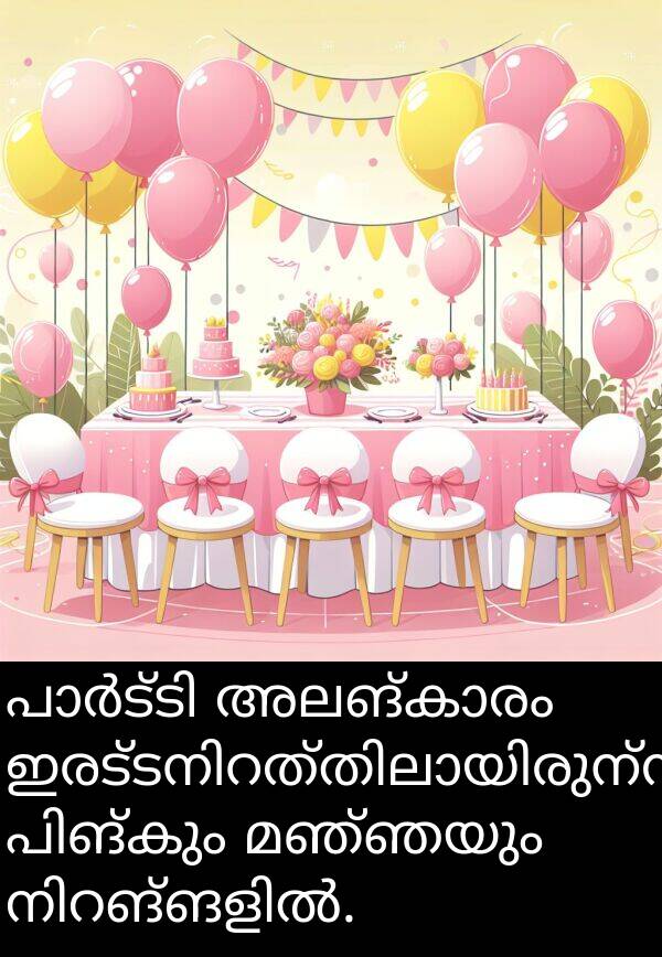 മഞ്ഞയും: പാർട്ടി അലങ്കാരം ഇരട്ടനിറത്തിലായിരുന്നു, പിങ്കും മഞ്ഞയും നിറങ്ങളിൽ.