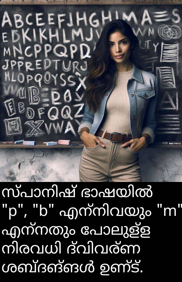 എന്നതും: സ്പാനിഷ് ഭാഷയിൽ "p", "b" എന്നിവയും "m" എന്നതും പോലുള്ള നിരവധി ദ്വിവര്‍ണ ശബ്ദങ്ങൾ ഉണ്ട്.