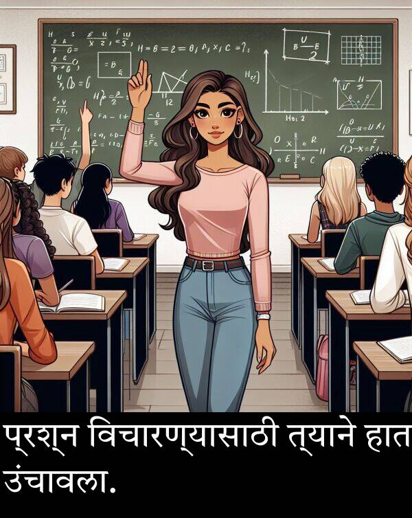 उंचावला: प्रश्न विचारण्यासाठी त्याने हात उंचावला.