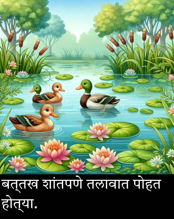 तलावात: बत्तख शांतपणे तलावात पोहत होत्या.