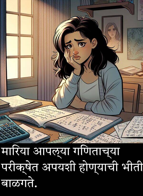गणिताच्या: मारिया आपल्या गणिताच्या परीक्षेत अपयशी होण्याची भीती बाळगते.