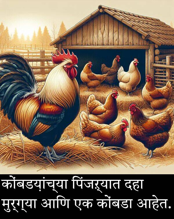 कोंबडा: कोंबडय़ांच्या पिंजऱ्यात दहा मुर्ग्या आणि एक कोंबडा आहेत.