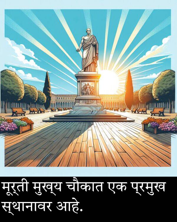 मुख्य: मूर्ती मुख्य चौकात एक प्रमुख स्थानावर आहे.