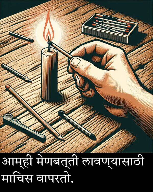 आम्ही: आम्ही मेणबत्ती लावण्यासाठी माचिस वापरतो.