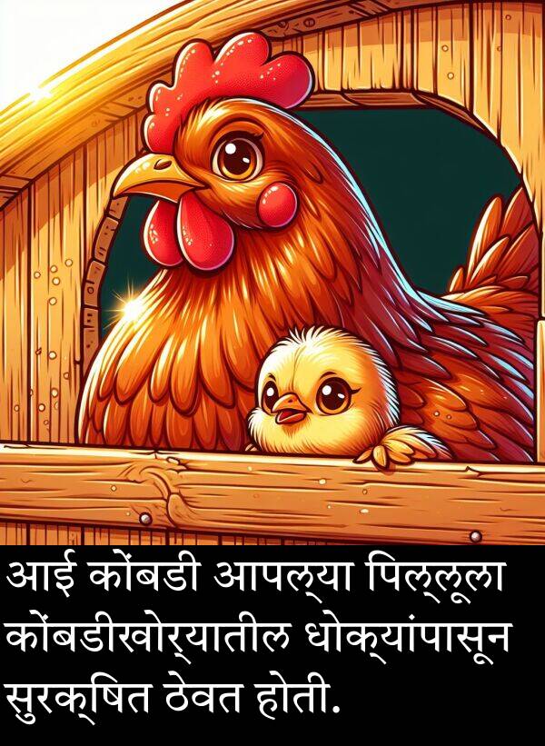 धोक्यांपासून: आई कोंबडी आपल्या पिल्लूला कोंबडीखोर्यातील धोक्यांपासून सुरक्षित ठेवत होती.