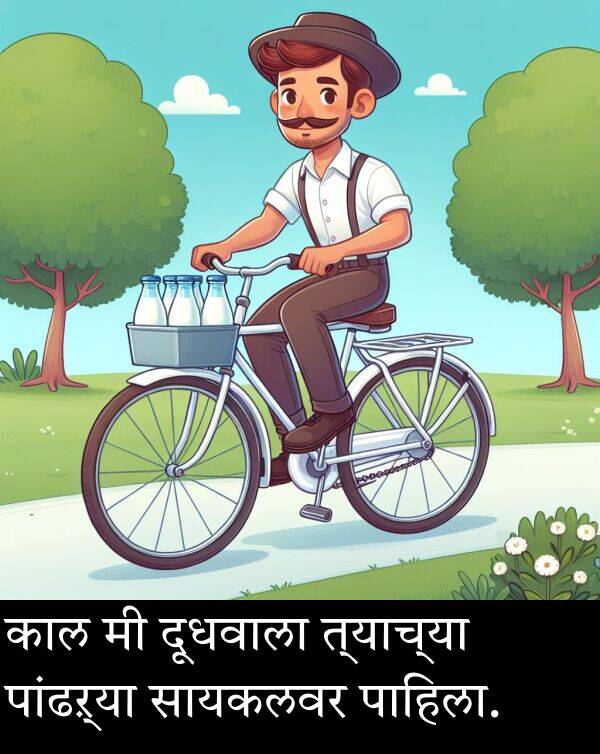 पांढऱ्या: काल मी दूधवाला त्याच्या पांढऱ्या सायकलवर पाहिला.