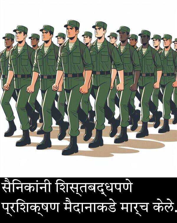मार्च: सैनिकांनी शिस्तबद्धपणे प्रशिक्षण मैदानाकडे मार्च केले.