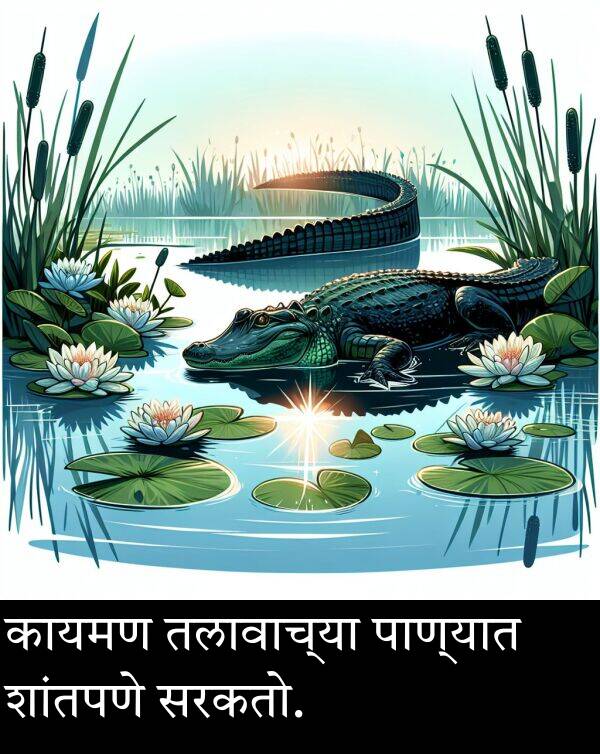पाण्यात: कायमण तलावाच्या पाण्यात शांतपणे सरकतो.