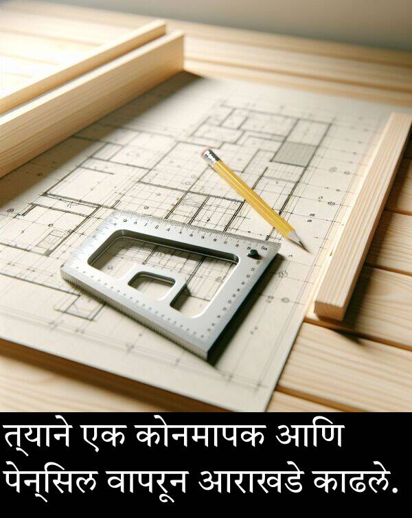 त्याने: त्याने एक कोनमापक आणि पेन्सिल वापरून आराखडे काढले.