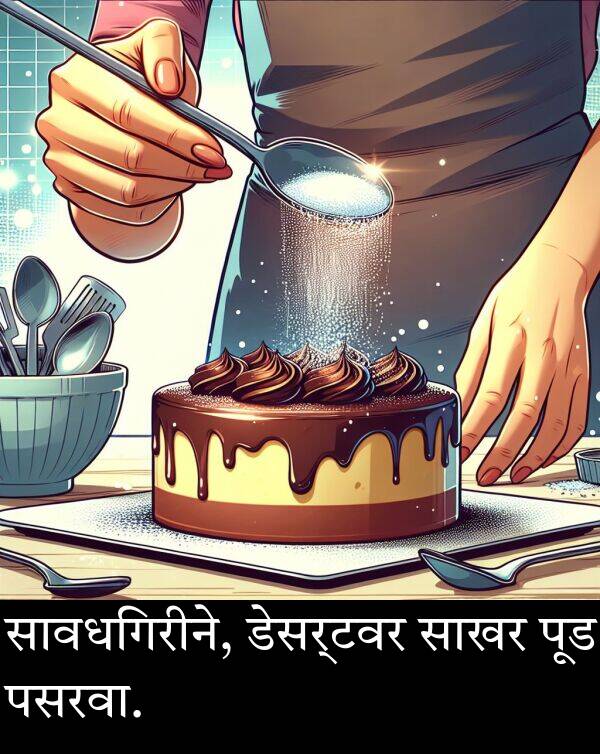पसरवा: सावधगिरीने, डेसर्टवर साखर पूड पसरवा.