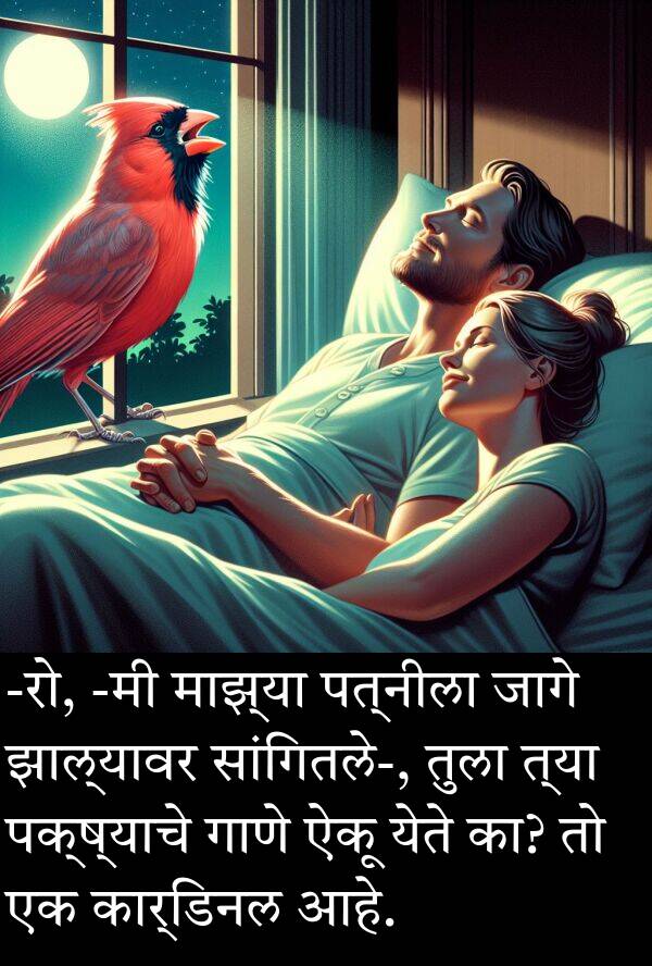 पत्नीला: -रो, -मी माझ्या पत्नीला जागे झाल्यावर सांगितले-, तुला त्या पक्ष्याचे गाणे ऐकू येते का? तो एक कार्डिनल आहे.
